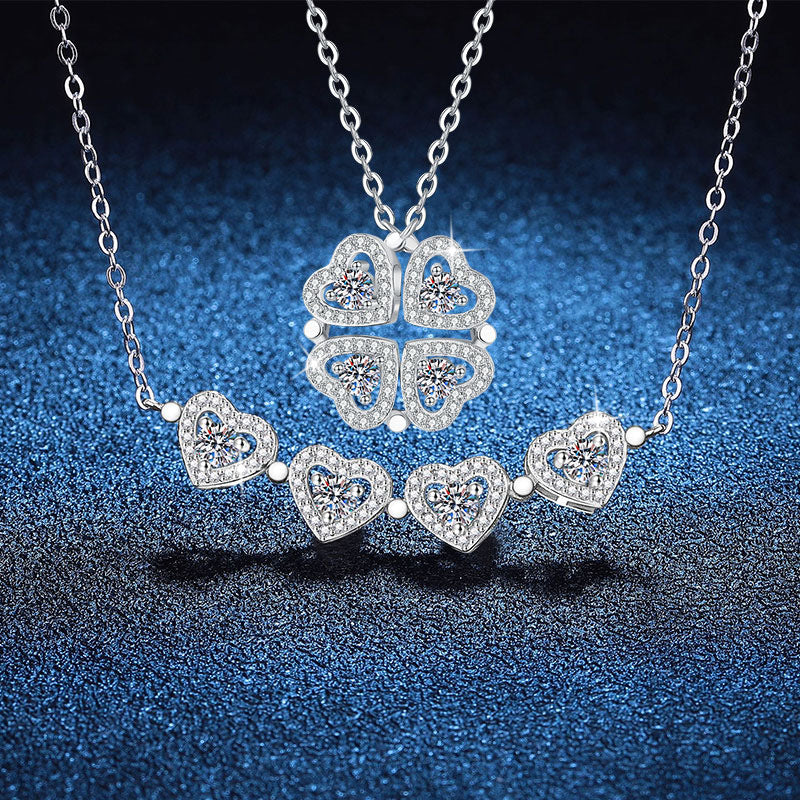 Moissanite Heart Clovers Pendant Necklace Set