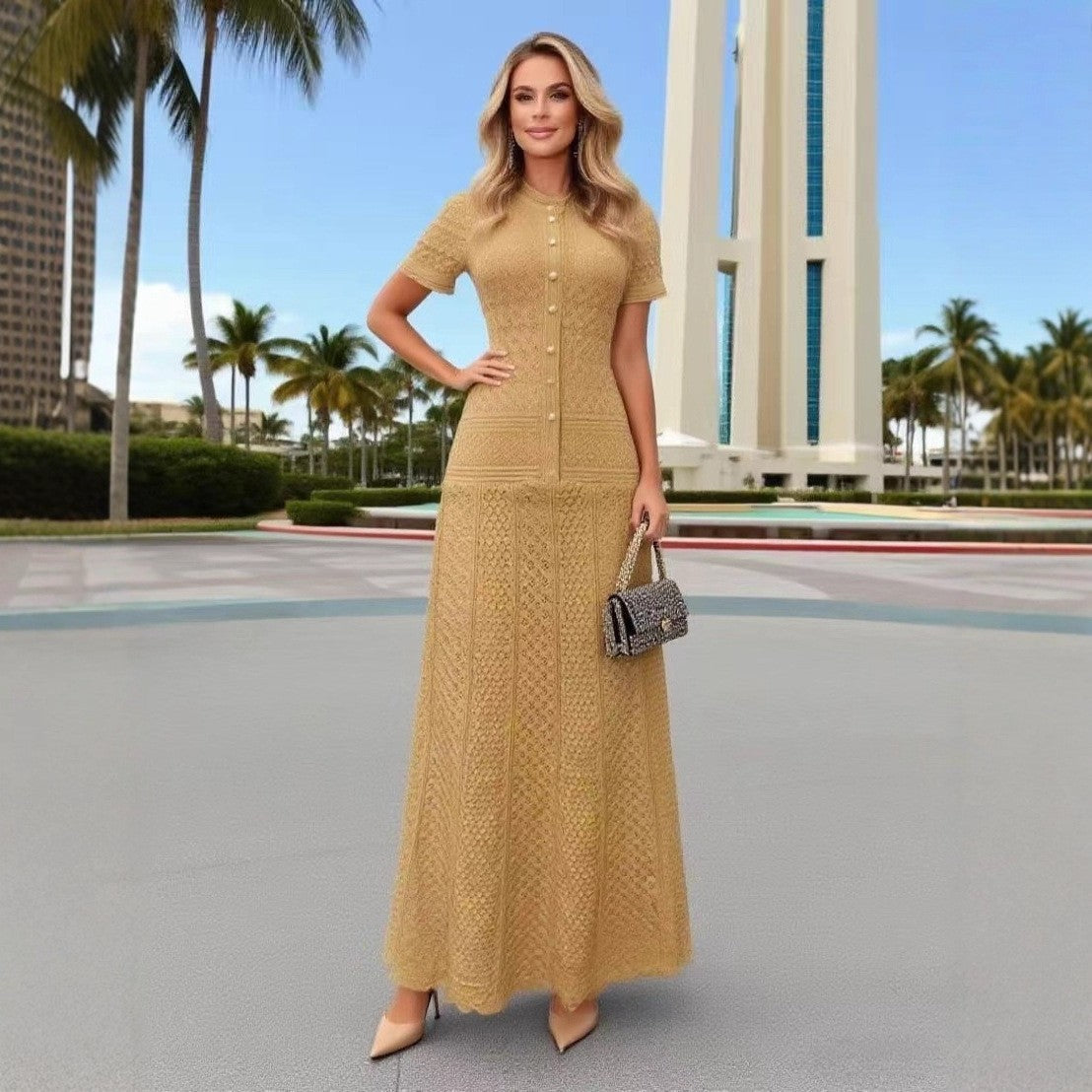 Sandro French Retro Short Sleeve Eyelet Knit Dress