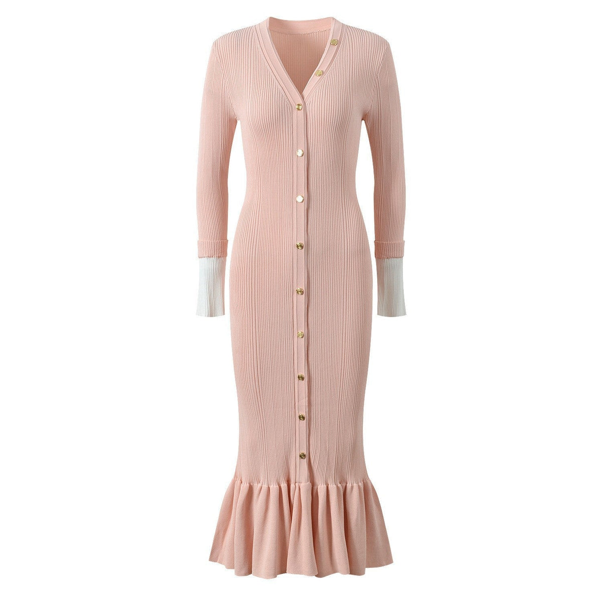 Sandro Elegant V-Neck Mermaid Knit Dress with Button Detail