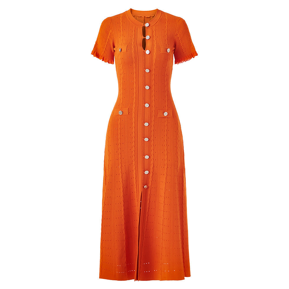 Sandro Elegant Button-Front Midi Dress in Ribbed Eyelet Knit