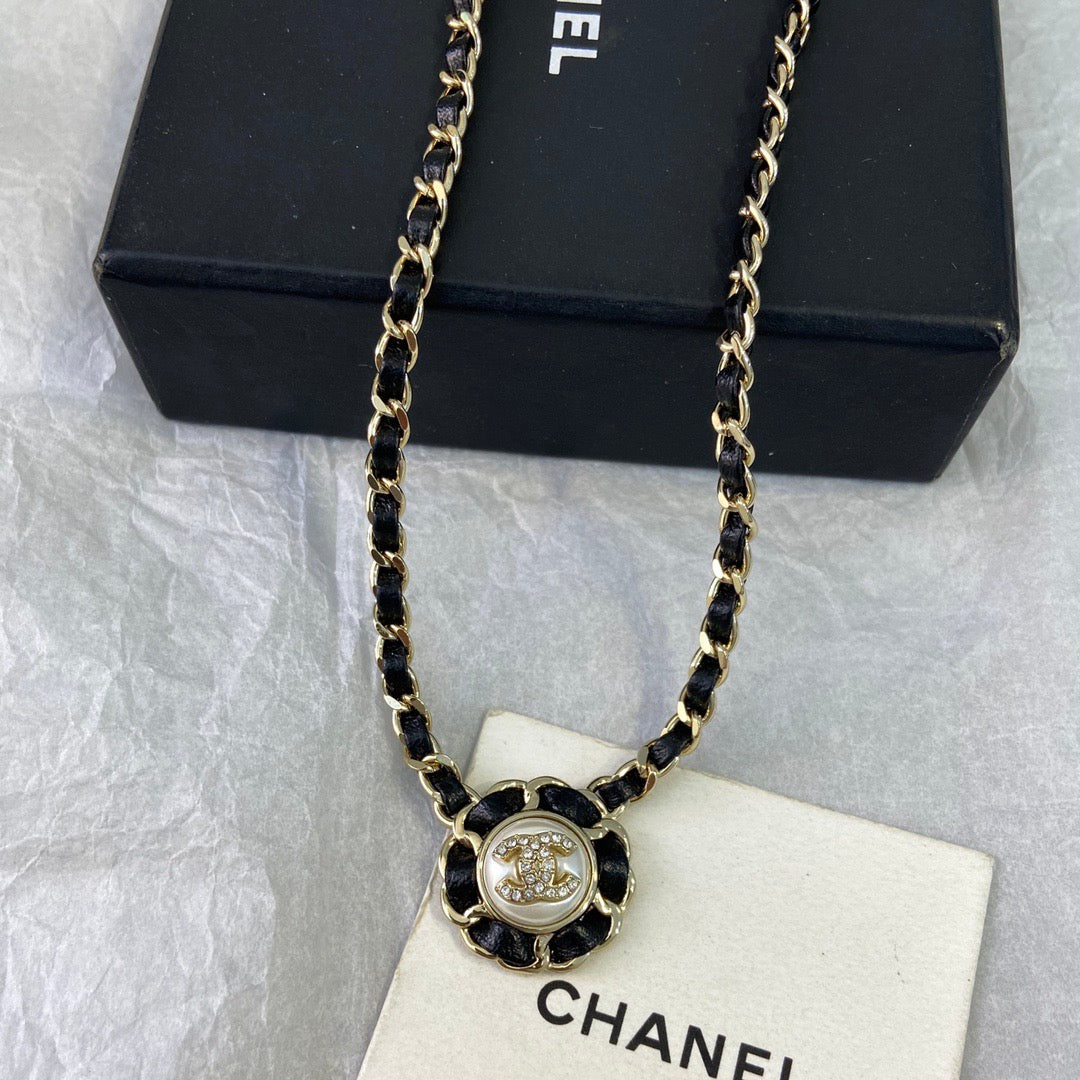 Chanel Black Leather Button Necklace Earrings