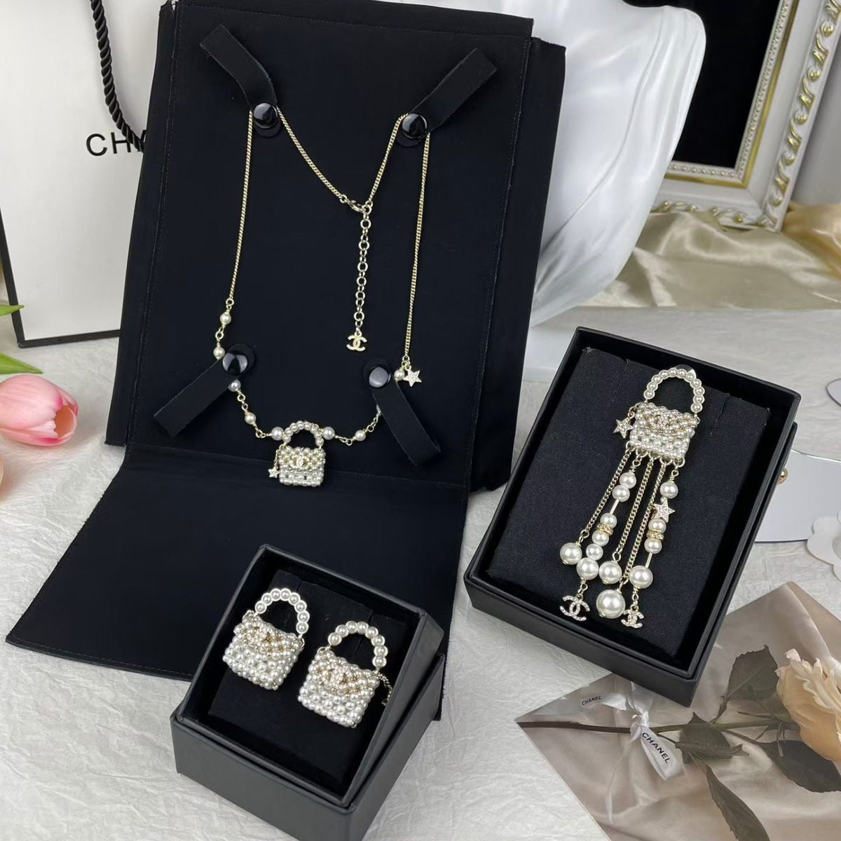 Chanel Pearl Bag Necklace Bracelet Earrings